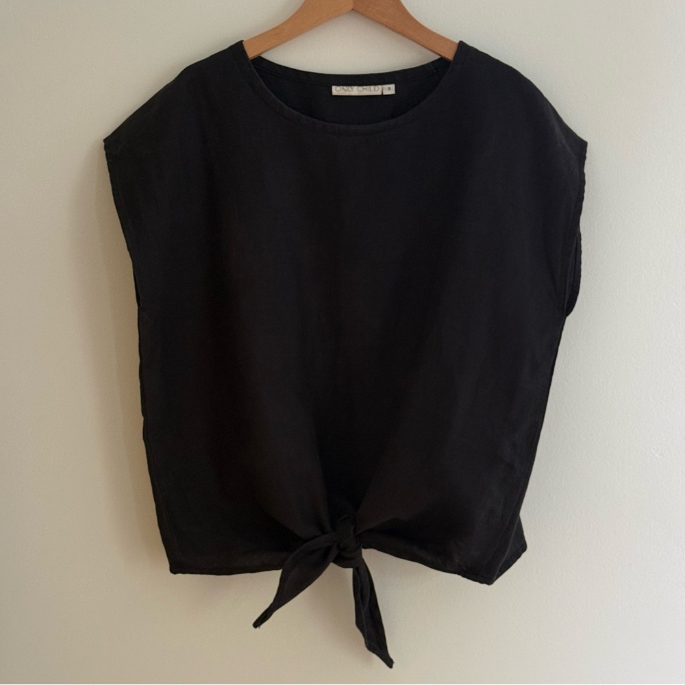 Only Child Luzon Front Tie Top Black 100% Linen Size S